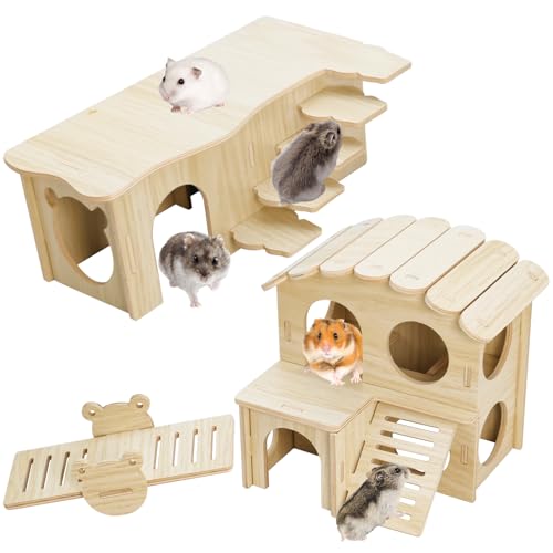 BNOSDM Hamster Tunnel Hideout Set, Wooden Hamster House Toy with Slide & Seesaw, Small Animals Cage Accessories for Syrian Dwarf Hamsters, Gerbils