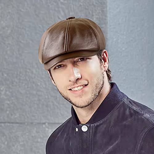 Men's Newsboy Cap Leather 8 Panel Women Beret Cabby Hat Flat Ivy Gatsby Cap, Medium Size Black #TOP6
