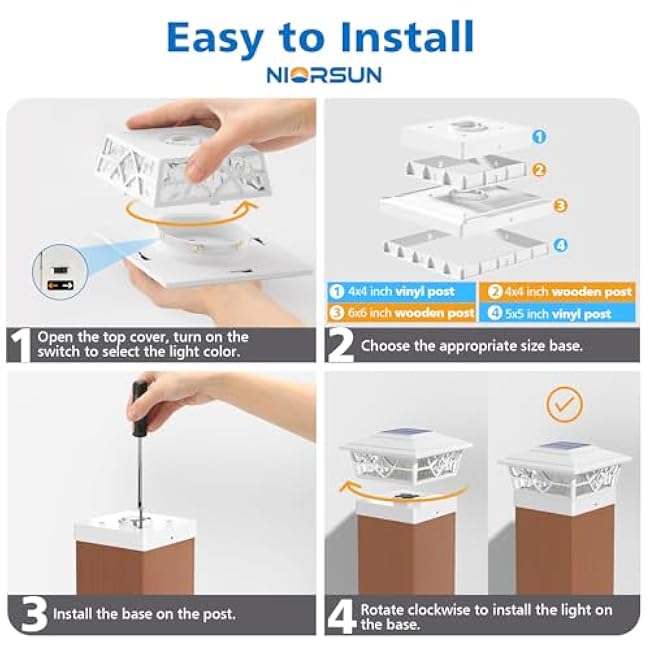 NIORSUN Solar Post Lights Outdoor 12 Pack, 2 Modes LED, Deck Fence Post Solar Lights for 3.5x3.5 4x4 5x5 5.5x5.5 Caps Patio Garden Decoration, White