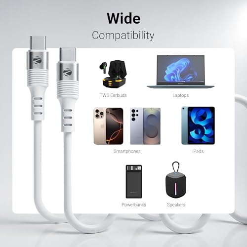 Image of Zebronics Wattz 60CC2 Type-C to Type-C Soft Silicone Cable, PD 60W, 1 Meter, Durable, Charge & Sync, Rapid Charging, For Laptops, Tablets, Mobiles (White)