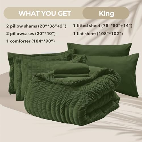 Image of HYMOKEGE Olive Green King Size Comforter Set Seersucker 7 Pieces, All Season Luxury Bed in a Bag for Bedroom, Bedding Set with Comforter, Sheets, Pillowcases & Shams