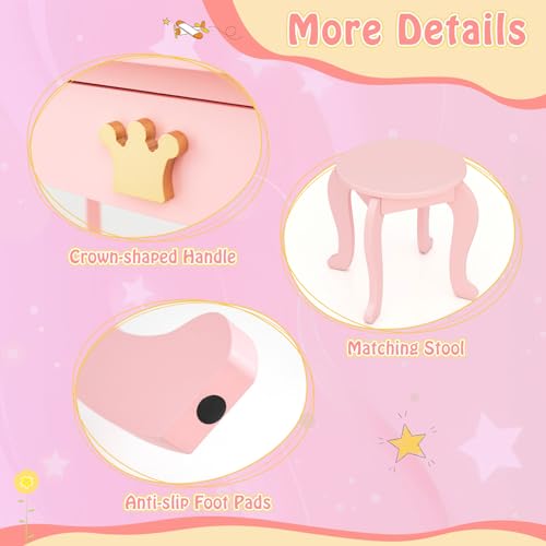 Image of KOTEK Kids Vanity with Lights, Crown Girls Vanity Set w /Tri-Folding Mirror, Detachable Top, Stool & Drawer, Wooden Toddler Makeup Dressing Table, Kids Vanity Table and Chair Set (Pink)