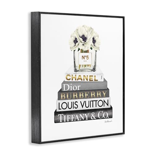 Image of Stupell Industries Blooming White Floral Display on Glam Designer Bookstack Wall Art, 11 x 14, Black Framed | Stupell Industries | Black, 11 x 14 Inches, Easy to Hang and Sturdy, Made in USA, by Amanda Greenwood