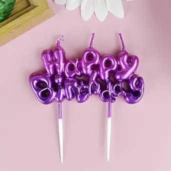 Juzfun Happy Birthday Candle Topper for Party Cake Decorations | Size : 7.8 x 3.8 CMs | Purple Design