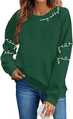 Christmas Sweatshirt Women Merry And Bright Xmas Long Sleeve Shirts Green