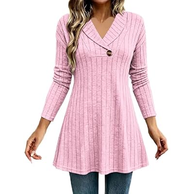 Women Ribbed Knit Tunic Shirts V Neck Long Sleeve Flared Swing Blouses Loose Fit Fall Winter Elegant Casual Tops Pink