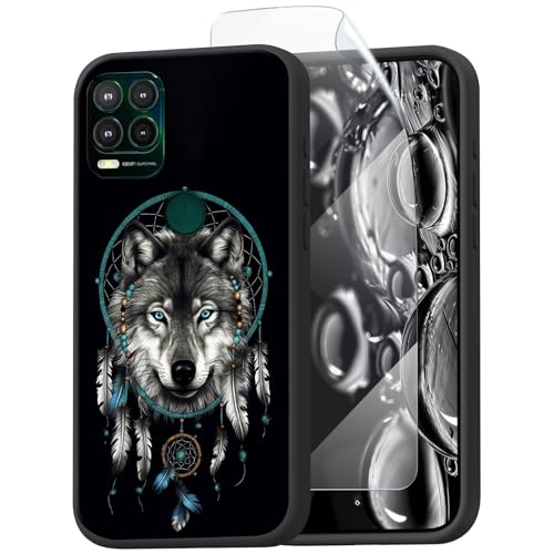 ACWDMKH for Moto G Stylus 5G 2021 Case with Screen Protector Slim Cute Soft TPU Silicone Shockproof Drop Protection,Scratch-Resistant,Wireless Charging,Heavy Duty Rugged Cover,Green Dream Wolf