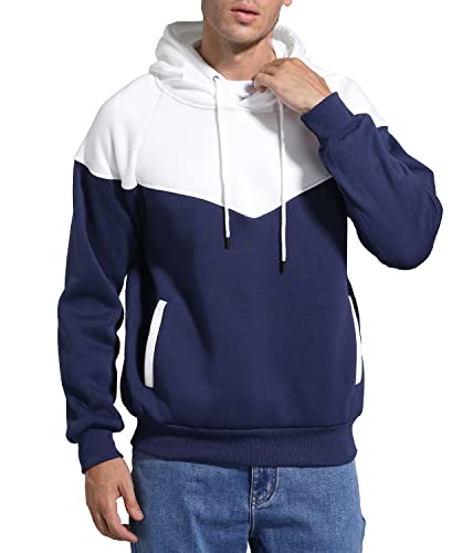 Niceif Men's Athletic Hoodies Fashion Hooded Sport Sweatshirt Solid Color Fleece Pullover, White Navy M #TOP1