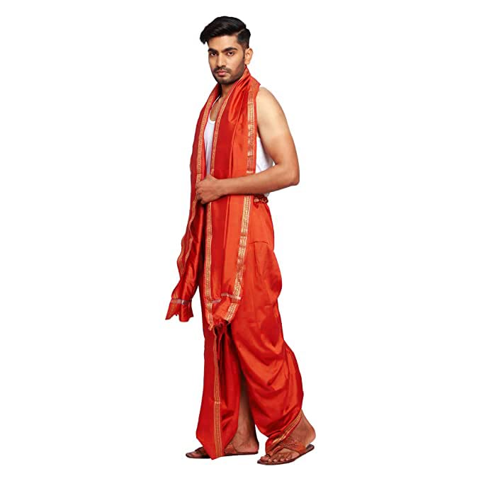 Image of Rameshwaram Fabrics Readymade Dhoti for Men, Velcro Style Stitched Mens Silk Dhoti Pant with Stole Set