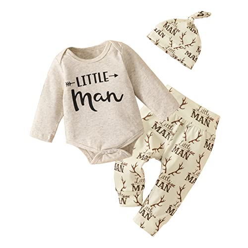 Image of Newborn Baby Boy Clothes Little Man Elk Letter Print Gray Long Sleeve Jumpsuit Pants Hat 3pcs Spring Sets Outfits 0-3 Months
