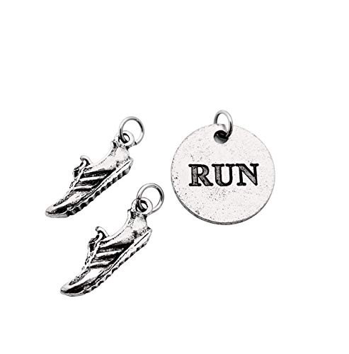 Running Shoe Run Round Pewter Charm Set - Pair of Running Shoe Charms - TWO (2) Pewter Running Shoe Charms and 1 Round Pewter RUN Pendant in Organza Bag