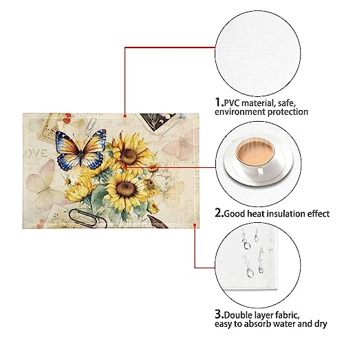 NETILGEN Durable Placemats Set of 4, Dining Table Woven Vinyl PVC Placemat Wipeable Easy to Clean Oil-Proof Non-Slip Tablemats for Kitchen, Butterfly Sunflower Retro by NETILGEN - Image 6