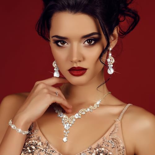 Quelay ​​​​4 Pcs Purse Rhinestone Jewelry Set for Wedding Bridal Women Handbag with Necklace Bracelet Dangle Earrings(Luxurious,Champagne) by Quelay - Image 7