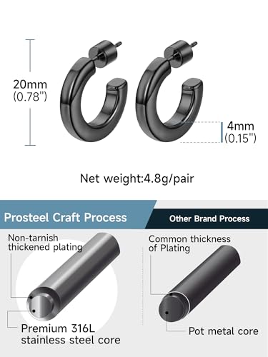 Image of Stainless Steel Chunky Hoop Earrings For Women, Minimalist and Chic, Black /Gold Plated, Round Hoops Earrings Hypoallergenic, Size: 30mm /40mm /60mm /80mm, Come with Box