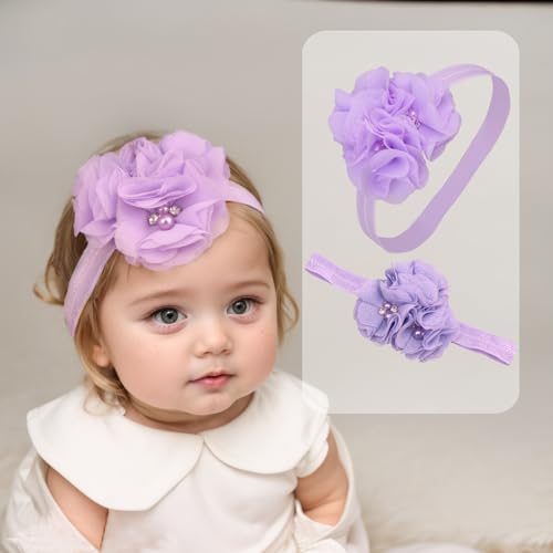 Lace Flower Baby Girls Headband with Pearl Rhinestone Fabric Floral Elastic Toddlers Hairbands Birthday Party Hair Accessoties for Newborn Infant (Purple A, Standard Small)