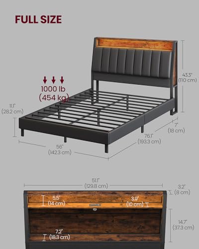 VASAGLE LED Bed Frame Full Size, Storage Headboard and Charging Station, Full Bed Frame with 2 AC Outlets, 1 USB Port, 1 Type-C Port, No Box Spring Needed, Ink Black and Rustic Brown URMB842B01