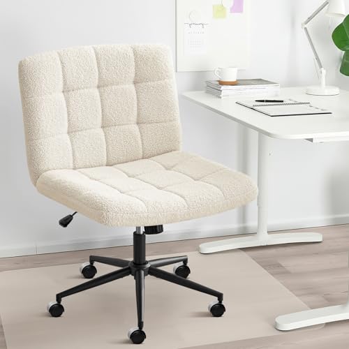 Hellove Chaise De Bureau à roulettes, Chaise de Bureau à Assise Large avec Dossier, Chaise Entrecroisée en Tissu Sherpa Doux, Hauteur Réglable pour Le Bureau ou Le Salon, Beige