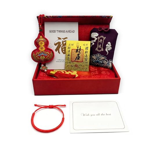 2026 Feng Shui Tai Sui Protection Gift Set - 7 Pcs Good Luck Amulet Kit: Red Vajra Knot Bracelet, Kaiyun Omamori, Gourd Pendant, Wealth Sticker, Fu Pouch, Greeting Card, Gift Box for Horse Year