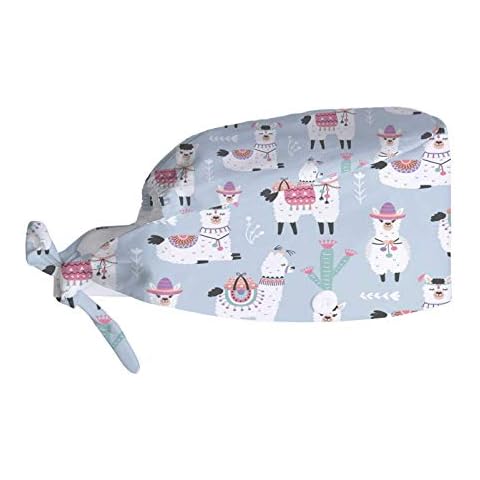 MyDaily Working Cap with Sweatband, Cute Llama Alpaca Scrub Caps Adjustable Bouffant Hats Turban Headdress for Women Men Cover