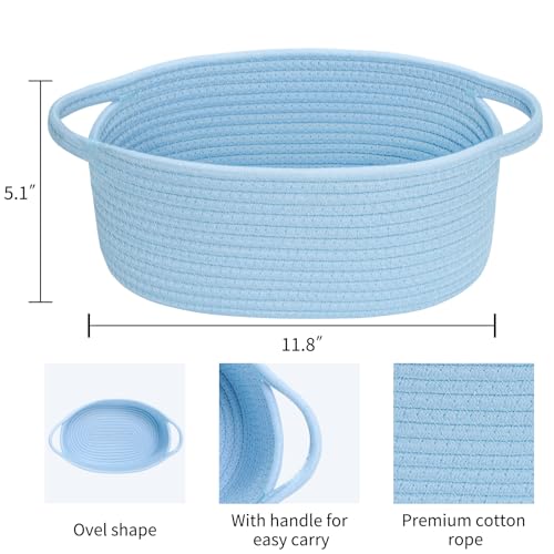 Image of ABenkle Small Basket with Handles, Boho Decorative Rope Woven Dog Cat Toy Storage Bin Shelf Storage Organizer, Easter Christmas Gift Basket, 12 inchx8 inchx5 inch, Blue