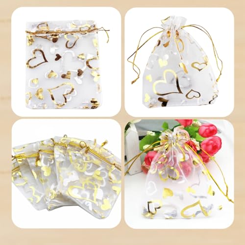 Image of 100 Pack 3.5 x 4.7 Inch Organza Jewelry Gift Pouch B921, White Gold Heart | Candy Pouch, Drawstring, Wedding Favor Bags