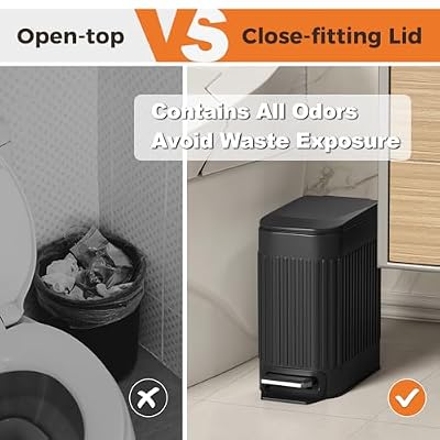 TrashAid Small Black Bathroom Trash Can with Lid Soft Close, 6 Liter / 1.6 Gallon, Stainless Steel Garbage Can with Removable Inner Bucket, Step Pedal, Slim Wastebasket for Toilet, Office, Bedroom