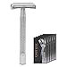 QSHAVE Double Edge 4 inch Long Handle Safety Razor Twist Butterfly Open Chrome Matte Finish (1 Razor + 5 pcs Titanium Coated Blades)