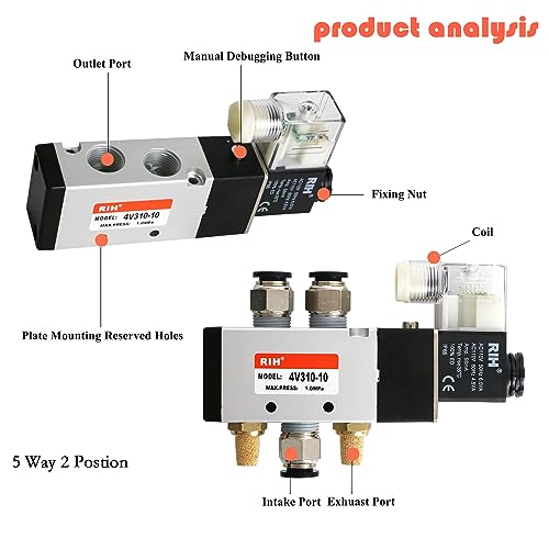 RIH Pneumatics Solenoid Valve 4V310-10 12V/24V/110V Series Single Coil Pilot-Operated Electric 2 Position 5 Way Connection Type (AC110V/Junction Box, 3/8" NPT) by RIH - Image 3