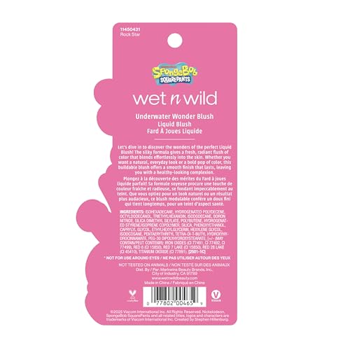 Wet n Wild Spongebob Underwater Wonder Liquid Blush, Płynny Róż do Twarzy z Możliwością Budowania Krycia, Naturalny i Łatwy do Rozcierania, Jednolita Aplikacja, Odcień Rock Star