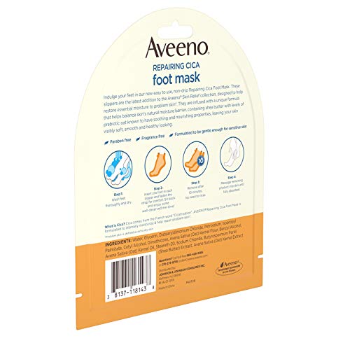 Aveeno Repairing Cica Foot Mask With Prebiotic Oat And Shea Butter, Moisturizing Foot Mask For Extra Dry Skin, 2 Single-Use Slippers 1 Ea #TOP4