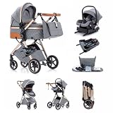 Kakbgee 3 in 1 Kinderwagen mit Babyschale, mit ISOFIX Basis, Faltbar Buggy, 7-fach höhenverstellbarem Griff, 4-Rad Federung, Regenschutz, Moskitonetz, Stroller für Neugeborene 0-3 Jahre, 15KG, Subgrau