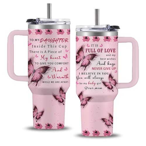 WWHSAI Daughter Gifts From Mom - To My Daughter - Pink Butterfly Stainless Steel Tumbler 40oz - Gifts For Girl Her From Mother Coffee Mug on Graduation, Mothers Day, Birthday