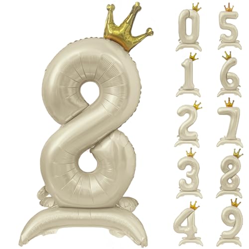 White Number 8 Balloon 40 Inch Cream White Crown Balloons 0-9 Standing Beige Number 8 Balloon with Crown Birthday Party Decorations Supplies