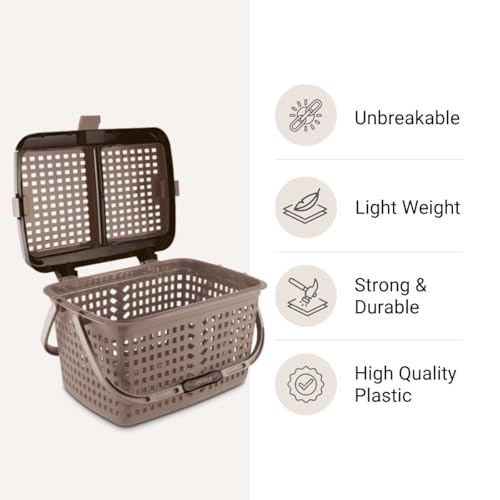Image of FLAIR Dual Compartment Storage Basket Set of 2 - Sturdy Plastic Organizer with Handles & Lid | Plastic Multipurpose Trendy Shopping Big Basket | Ideal for Kitchen, Bathroom, Laundry & Toys (Beige)
