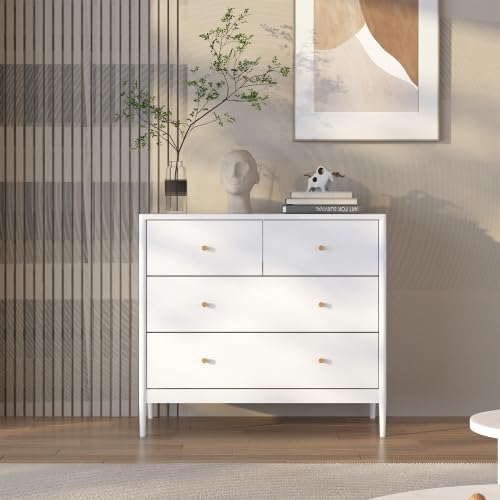 Dresser with 4 Drawers, White, Wooden, Modern Chest of Drawers for Bedroom