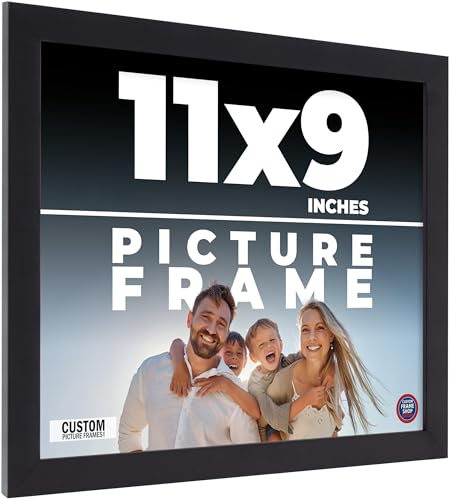 11x9 Frame Black Real Wood Picture Frame Width 0.75 Inches | Interior Frame Depth 0.5 Inches | Noir Classique Mid Century Photo Frame Complete with UV Acrylic, Foam Board Backing & Hanging Hardware