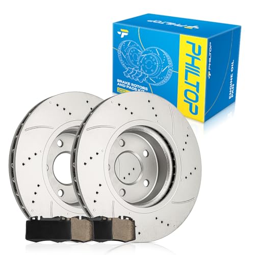 PHILTOP 12.3 inch(312 mm) Front Drilled and Slotted Disc Brake Rotors + Ceramic Pads Kit Compatible with Mercedes-Benz 2006-2007 E350 3.5L, 2004-2006 E500 5.0L, 2003 E500, 6-PC Set