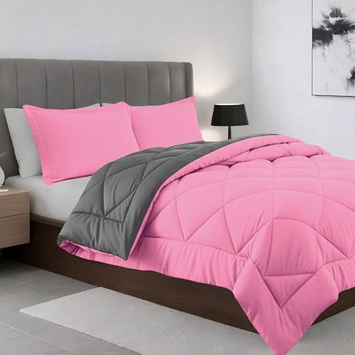 Elegant Comfort Ganzjahres-Bettwäsche-Set mit Gänsedaunen, wendbar, 2-teilig, erhältlich in und Farben, Twin/Twin XL, Rosa/Grau