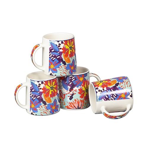 Image of Miah KaleidoBloom Ceramic Cup Set - Set of 4 | 10.16 cm x 6.85 cm x 8.89 cm | Handcrafted Coffee & Tea Mugs | Microwave & Dishwasher Safe | Vibrant Abstract Floral Design