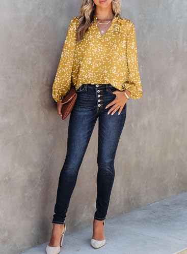 Dokotoo Women's Casual V Neck Alicia Floral Print Smocked Long Sleeve Chiffon Blouses Bohemian Top Shirts4