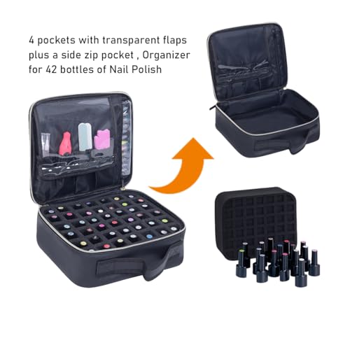 Nail Polish Organizer Case - PU Leather Portable Cosmetic Bag Hold 42 Bottles (15 ml/0.51 floz) with Removable Partition (Black)4