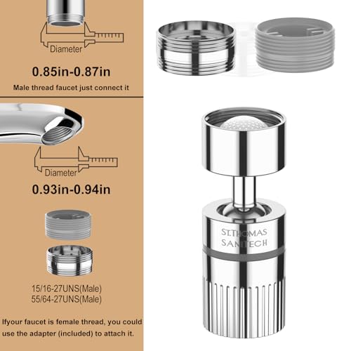 ST.THOMAS 360° Swivel Kitchen Faucet Aerator, 2-Function Nozzle, Replacement Head, 55/64" Female Thread