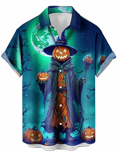 Halloween Shirts for Men, Funny Spooky Pumpkin Ghost Spider Monster Costume Halloween Short Sleeve Button Down Shirt Tops