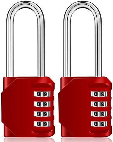 ZHEGE Long Shackle Padlocks, 4 Digit Combination Padlocks for Lockers, Number Lock, Outdoor Padlock Weatherproof for Gate, Door, Shed,Fence,Garage, Container (2 Pack, Red)