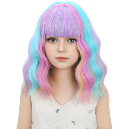 Kids Rainwow Wig Short Rainbow Wavy Curly Wigs for Girls Child Colorful Wig with Air Bangs Synthetic Cosplay Hair Wigs