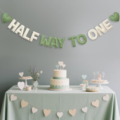 Sage Green Heart 1/2 Way to One Birthday Decoration Pre-Strung Handmade Felt Half Way To One Sign Banner for 6 Months Birthday Baby Boy Girl Neutral Decorations Party Nursery Home Wall Fireplace Decor by pinkblume - Used condition - Image 5