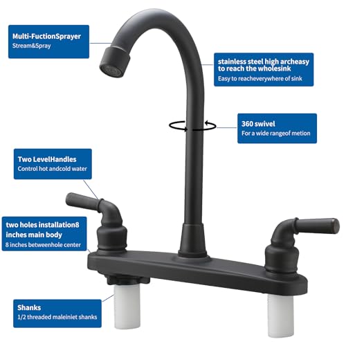Image of RV Non-Metallic Kitchen Black Faucet Two Handle-8 inch Main Body-High Arch-360 Swivel Replace for Motorhomes, Travel Trailers,Campers