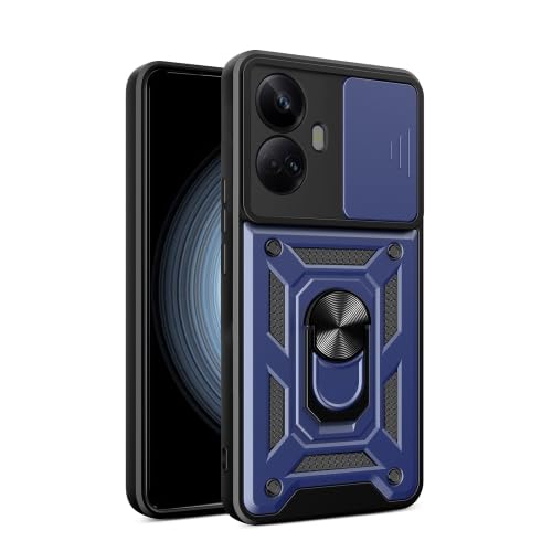 Image of Back Case for Realme 10 Pro Plus with Slide Camera Cover | Heavy Duty Military Grade 360 Protection | Build-in Ring Kickstand Shockproof Mobile Phone Bumper Case (Blue)