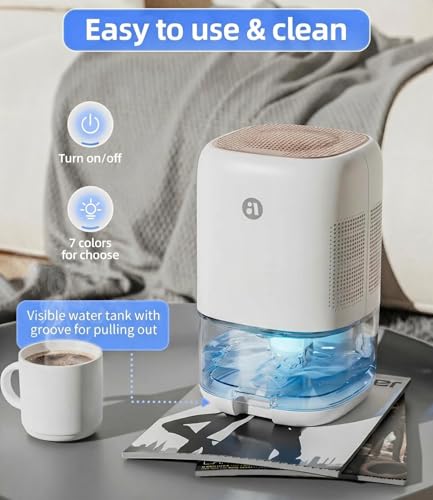 Image of Dehumidifier, 35 OZ Small Dehumidifiers for Bedroom, Quiet Dehumidifier with Auto Defrost, Auto Shut Off, Key Sound Off, 7 Color Light, for Bathroom, Closet, RV, Home up to 280 Sq.Ft, Gold