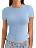 EasyGala Womens Cotton Crew Neck Short Sleeve Shirts Summer Top Fashion Y2k Crop Tops Round Neck Basic Slim Fit Going Out Tee Stretchy Trendy Tight Fitted Tops Baby Blue M